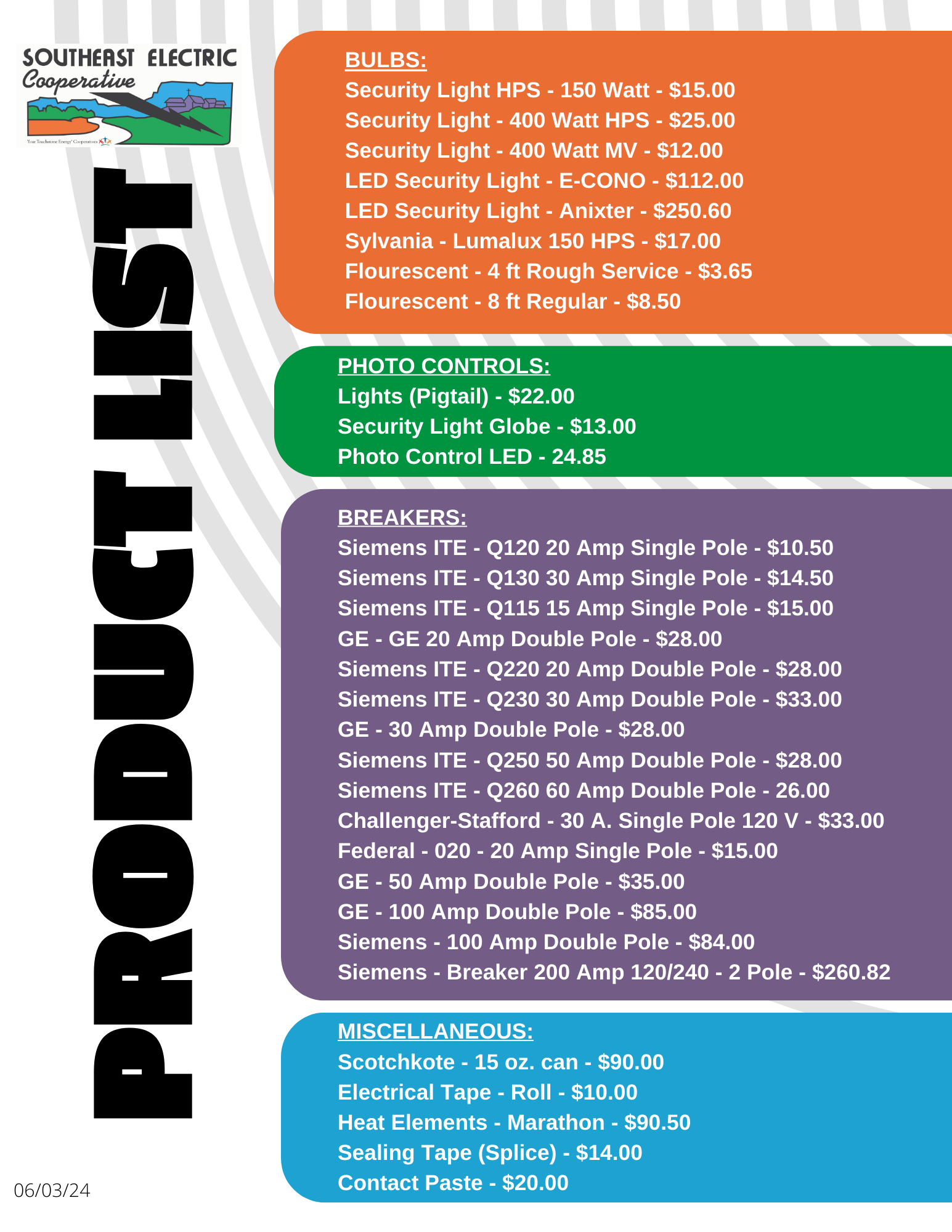 Product cost list